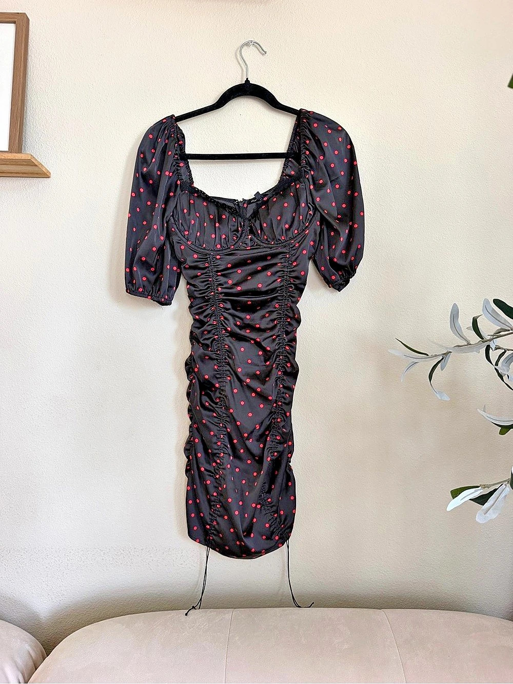 FL&L Polka Dot Ruched Mini Dress in Navy Blue & Red